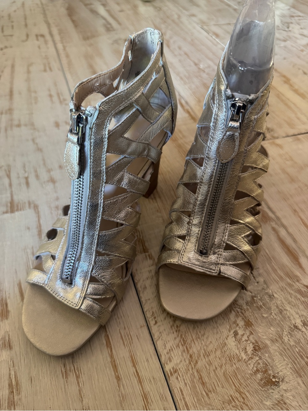 Metallic Gold Strappy Zip-Front Women's Sandals